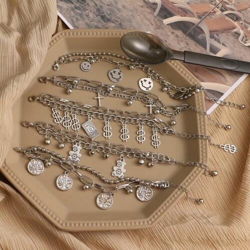 VKME Bohemian Chain Charm Bracelets For Women Smiley Coin Cross Pendant Bracelet Set Geometric Beads Layered Hand Jewelry