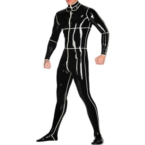 Black and White Two Way Front Zip Sexy Men Latex Catsuit Rubber Fetish Bodysuit with Socks Handmade Jumpsuit S-LCM164