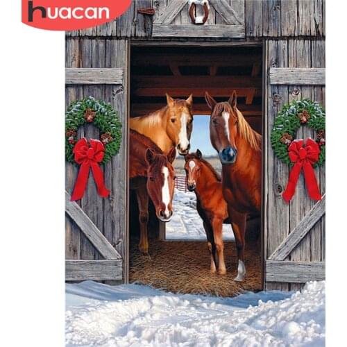 HUACAN Full Square Round Diamond Painting Horse Diamond Embroidery Animal Picture Of Rhinestone Mosaic Snow Christmas Decoration