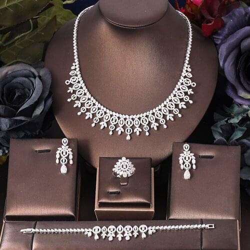 Janekelly4 pcs Bridal Zirconia Full Jewelry Sets For Women Party, Luxury Dubai Nigeria CZ Crystal Wedding Jewelry Sets