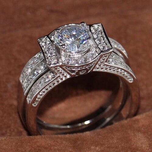 Classical Cross Fashion Jewelry 14KT White Gold Filled Pave Round Cut 5A Zirconia CZ Women Wedding Bridal Couple Ring Set Gift