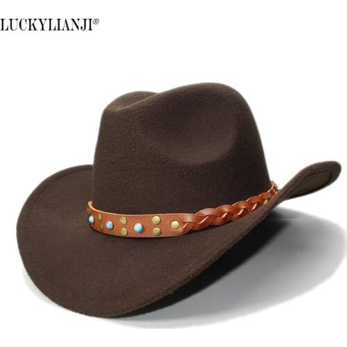 LUCKYLIANJI Kid Child Childres Wool Felt Western Cowboy Hat Wide Brim Cowgirl Braid Leather Band (One Size:54cm)