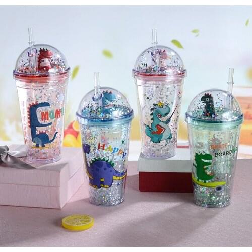 Dinosaur Cute Water Bottles Kids Drink Outdoor Leak-Proof Water Bottle with straw Plastic Bottle Travel Camping Cup