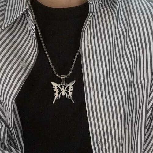 Fashion Stainless Steel butterfly pendant Necklace for Women Men Punk Hip Hop Hollow Butterfly Long Bead Chain Necklace Jewelry