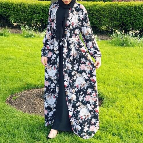Fashion Thin Loose Chiffon Long-sleeved Cardigan Robe Ladies Print Dress Lady Style Robe Muslim Clothing Women Moroccan Tunic