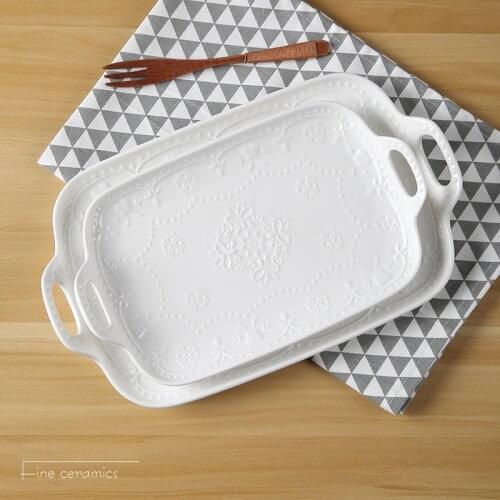 2pcs set,10+12inch, white embossed porcelain square tray with handle, ceramic vintage buffet tray, chafing dish, display plate