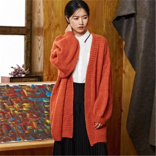 New fashion 100% hand made wool Vneck knit women solid lantern sleeve loose H-straight long cardigan sweater one&over size