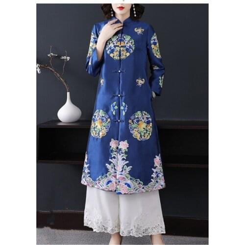 New autumn traditional Chinese style Dragon and Phoenix totem embroidered plate buckle long section trench outwear for women