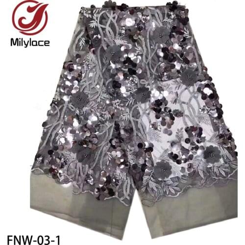 Newest 3D Flower African Net Lace Fabric with Shiny Sequins Classic Nigerian French Mesh Lace Fabric for Wedding FNW-03