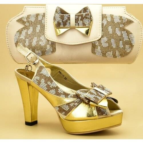 New Gold Color Italian Shoes and Bags To Match Shoes with Bag Set Decorated with Rhinestone Shoes and Bag Set African Sets 2020