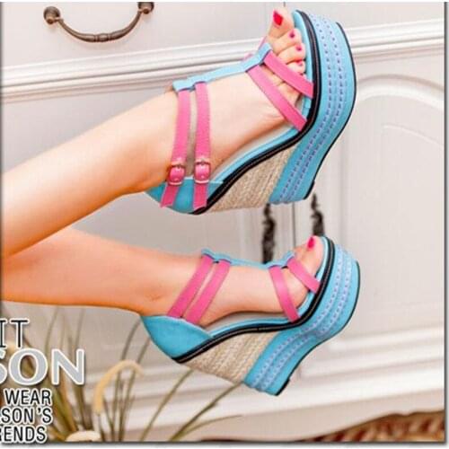 New Style Buckle Color-blocking Rivet Womens Shoes Straw Woven Wedge Platform Ultra-high Heel Platform Non-slip Sandals Mujer