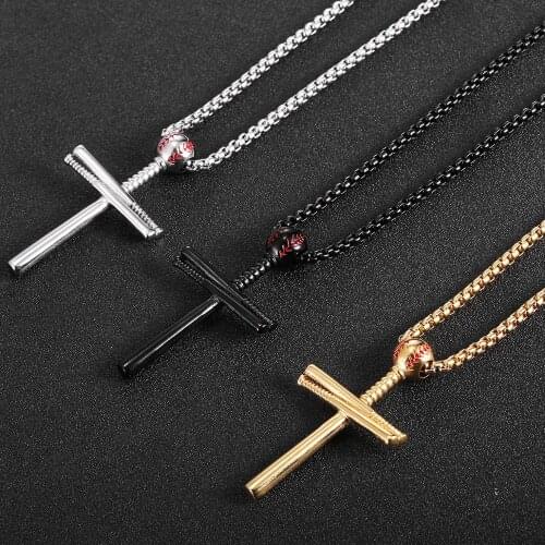 Men Boy Baseball Cross Pendant Necklace Stainless Steel Black Gold Silver Color Long Chain Statement Necklaces Jewelry Gift