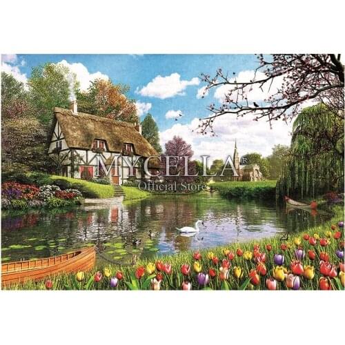Landscape 5D DIY Diamond Painting Lakeside Cottage Flowers Christmas Gift Full Diamond Embroidery Cross Stitch Mosaic Home Decor