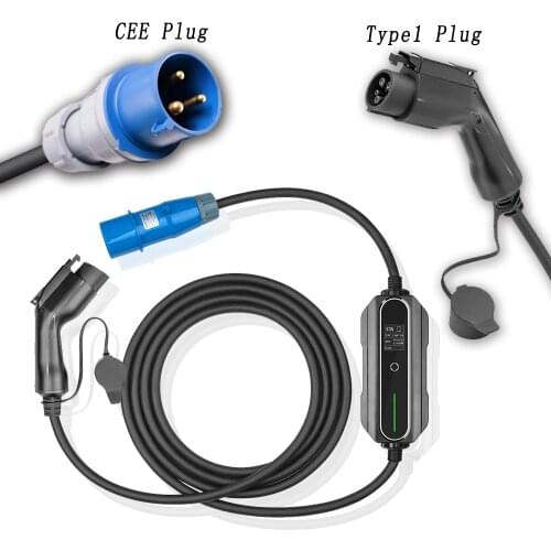 Adjustable Home Electric Vehicle Car Charger J1772 Type1 Plug 32Amp EV Portable Charger 5metres EV Charging Cabl With CEE Plug