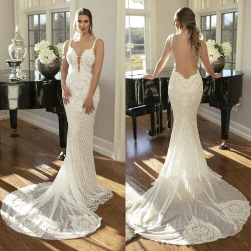 Sexy Mermaid Wedding Dresses Lace Appliques Glitter Backless Country Bridal Gowns Custom Made Beaded Robes De Mariée