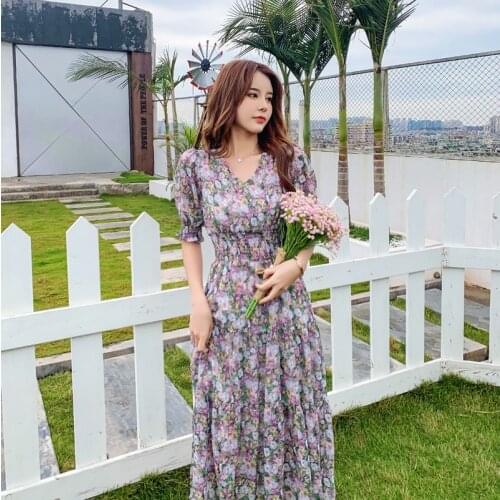 Chiffon Dress Women 2020 Summer A-line Female Floral Dresses Tunic Puff Sleeve V-neck Vestidos S~3XL Casual Lady Boho Midi Dress