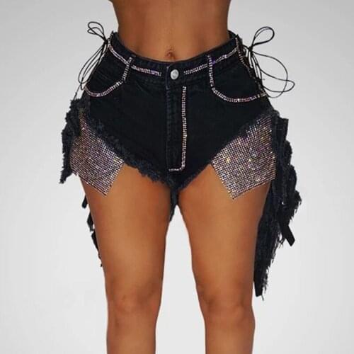 New Summer Bandage Denim Shorts Women High Waist Feminino Sequin Denim Panties Black Night Club Party Tassel Broken Jeans Shorts