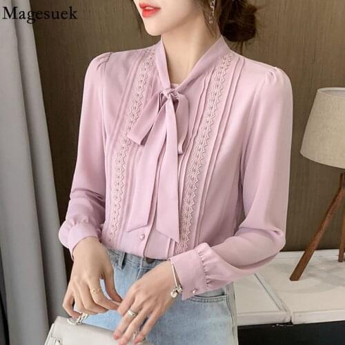 Autumn 2021 Long Sleeve Women Top Elegant Ribbon Bow Chiffon Blouse with Lace Lady Fashion Korean Loose Splice Shirt Women 16629