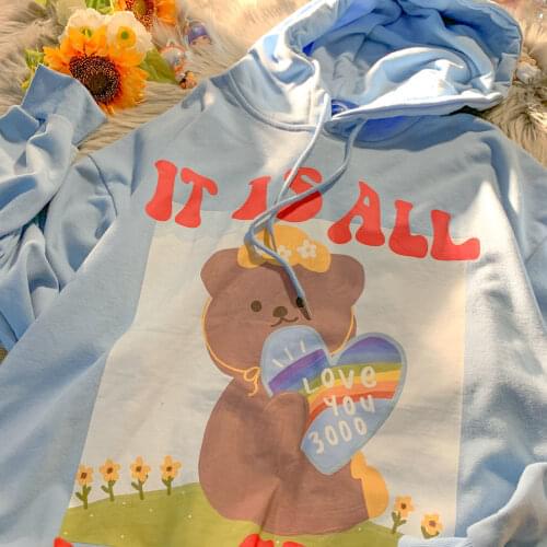 Sky Blue Harajuku Funny Bear Print Hoodies Women Sweatshirt Korean Long Sleeve Tops 2021 New Fashion Streetwear Teens Clothes