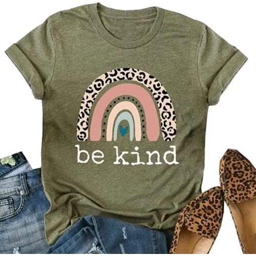 Be Kind Leopard Rainbow Print Womans Tunic Korean Fashion t Shirts Aesthetic Harajuku Tops Female Oversize Summer 2021 Clothing