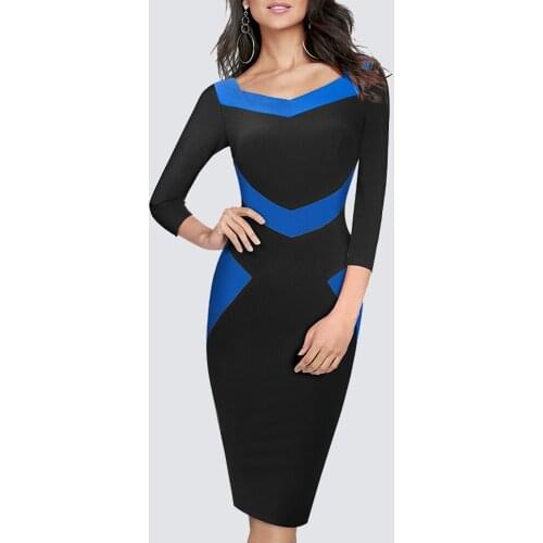 Women Elegant Square Collar 3/4 Sleeve Contrast Color Wear to Work Lady Bodycon Office Pencil Dress 1HB411