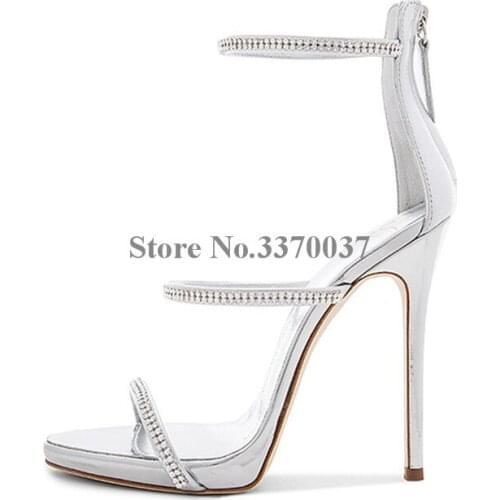 Women Charming Open Toe Rhinestones Straps High Heel Sandals Cut-out Crystal Back Zipper-up Sandals Formal Dress Shoes