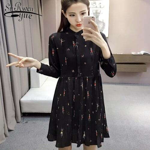 Fashion Woman Dresses 2021 Spring Long Sleeve Print Chiffon Dress Women Casual Plus Size A Line Pleated Women Dress 2186 50