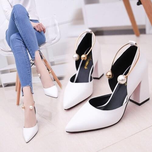Akexiya Women Pumps Elegant Pearl High Heels New White Thick with Single Shoes Middle Hollow Fashion Simple Woman Work Shoes