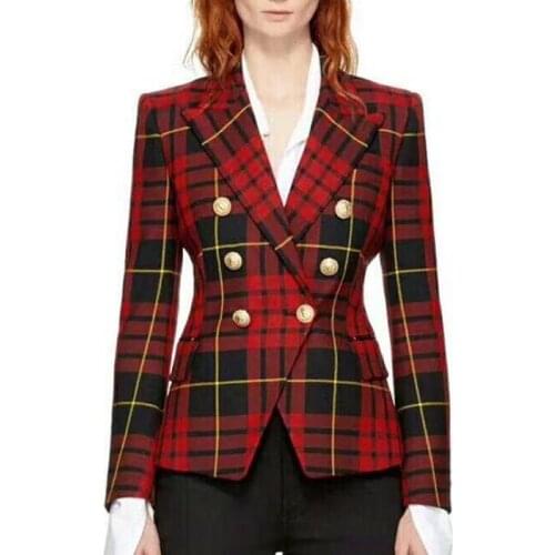 New 2018 spring womens double-breasted plaid blazers Fashion ladies slim fit buttons england style coat