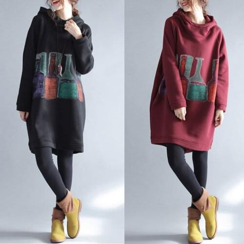 Plus velvet thick cotton Abrigos mid-length section new female loose Korean printing large size hooded spring autumn coat A753