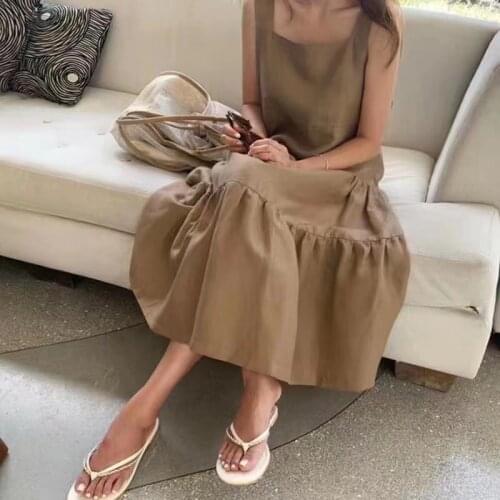 Korean Cotton Square Collar Sleeveless Dress Summer Women Long Dress for Women Solid Vintage Casual Loose Dresses Vestido 14465