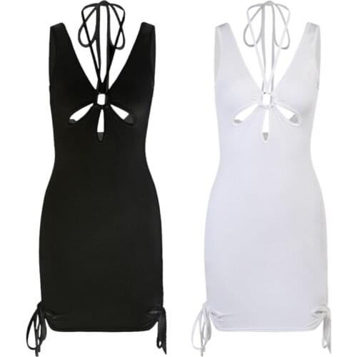 Women Sexy Sleeveless Halter V-Neck Bodycon Mini Dress Backless Hollow Out Front Side Split Lace-Up Solid Color Clubwear