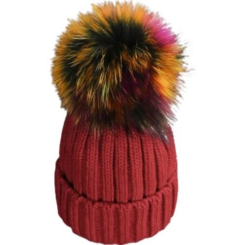 Adult Kids Winter Ribbed Knitted Beanie Hat with Detachable Colorful Pom Pom Windproof Ski Cuffed Skull Cap Ear Warmer H9ED