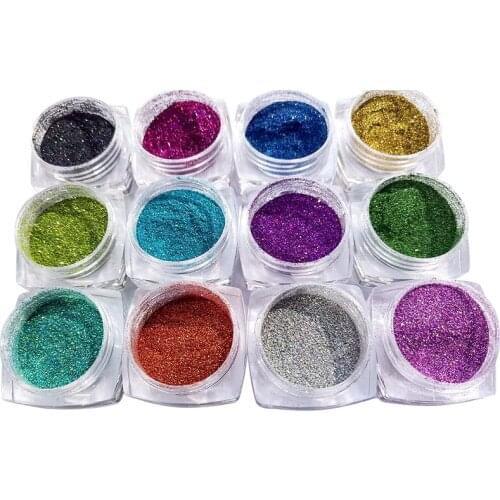 12Jar/Set Nail Glitter Holographic Powder 0.1MM(1/256") 004inch Holo Fine Powder 12-Color (Silver/Gold/Black) Nails Laser Powder