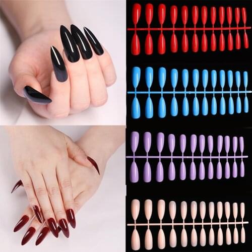 24Pcs Good Quality Acrylic False Nail Wine Red/Black Extra Long Shiny Nail Extension Easy Apply Sharp Stiletto Artificial Nail