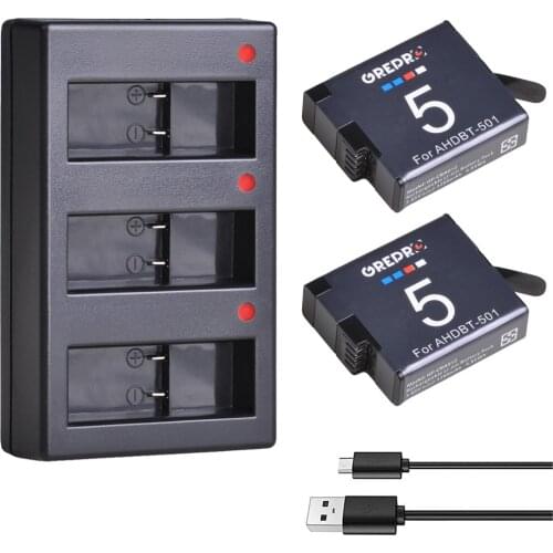 AHDBT-501 Battery with LED 3-Slots USB Charger for GoPro Hero 7, Hero 6, Hero 5 Works with Hero5 all Updated Firmwares