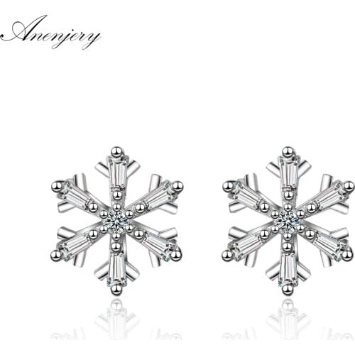 ANENJERY 925 Sterling Silver New Design Zircon Snowflake Earrings oorbellen S-E784