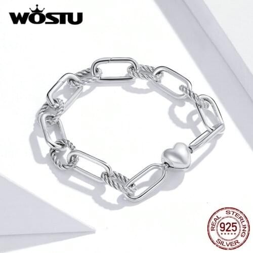 Wostu Bracelet & Bangle 100% 925 Sterling Silver Love of Paper Clips Bracelets For Women Original Fine Jewelry Gift DXB202