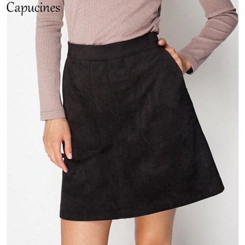 2019 Ladies Vintage Pockets Suede Skirt Women Solid Fashion A-line Autumn Winter Casual Mini Female Sexy Slim Fit Bodycon Skirts