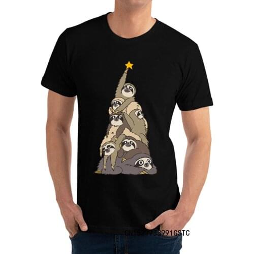 Christmas Tree Sloths Round Collar Young T-Shirt Summer Fall Printed Tops Tees Camisas High Quality Cotton Harajuku T-shirts Men