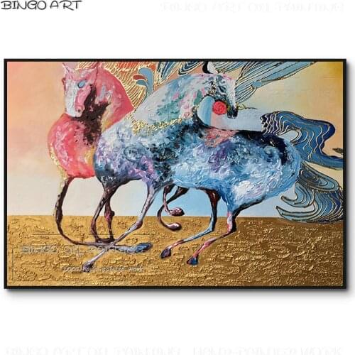 Artist Hand-painted High Quality Abstract Gold Foil 2 Horses Oil Painting on Canvas Abstract Blue and Pink 2 Horses Oil Painting