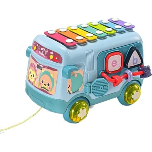 C5AA Push Pull School Bus Toy Xylophone Percussion with Building Blocks Shape Sorter Music Toys Birthday Favors for Kids
