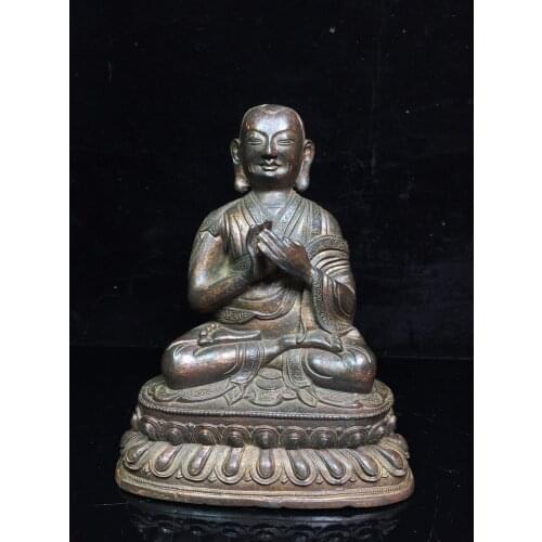 7"Chinese temple collection Old Bronze Cinnabar Lacquer Tsongkhapa Statue Guru Buddha statue Ornaments Town House