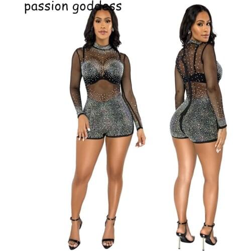 Summer New Women Sexy Mesh Diamonds Skinny Playsuits Long Sleeve Black See Through Zipper Clubwear Party Jumpsuit Ladies Rompers