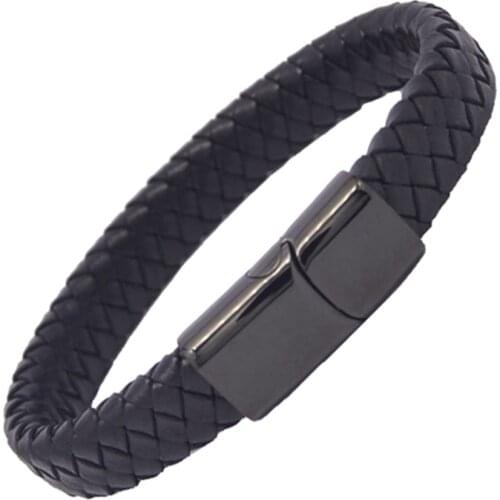 New Arrival Black Tones Braided Leather Bracelets for Men Bangle Bracelets Fashion with Black Magnetic Clasp Length 18cm to 24cm