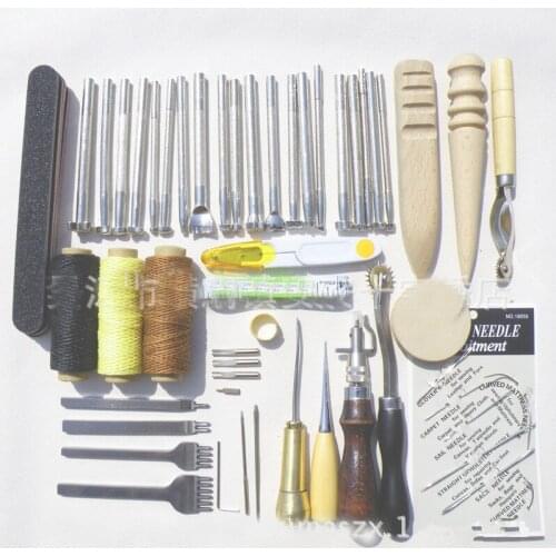 59PCS/Set Leather Craft Hand Tools Kit Thread Awl Waxed Thimble Kit for Hand Stitching Sewing Stamping DIY Tool Set