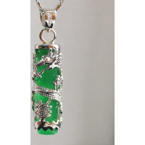 Free Shipping Chinese Wind Cylinder Green JADE Dragon Relief Women Pendants Necklace