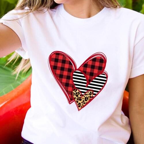 Leopard Plaid Heart Printed 100%Cotton Women T-shirt Valentines Day O-Neck Pullovers Short Sleeve Top Valentines Day Shirt