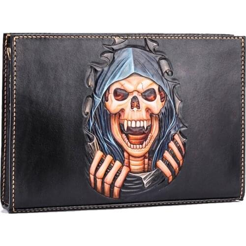 Women Men Vegetable Tanned Leather Shoulder Bag Money Holder Cowhide Hand-carved Skull Clutch Purse Clutches Envelope