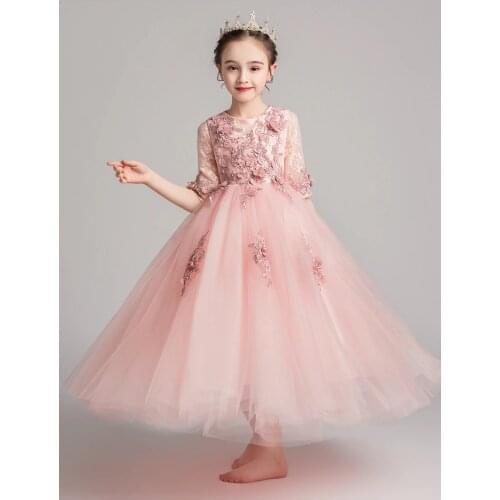 Appliques Tulle Girls Party Dress Flower Girl Dresses For Wedding Long Kids Pageant Princess Costume First Communion Gowns